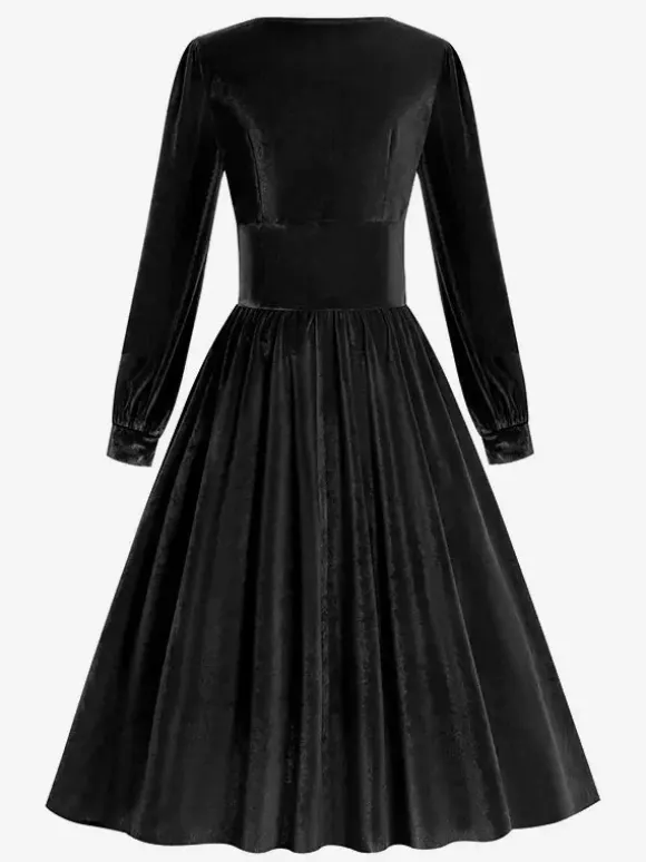 Vintage Glamour Dress 1950s Black Long Sleeves Square Neck Rockabilly Dress
