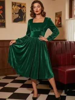 Vintage Glamour Dress 1950s Black Long Sleeves Square Neck Rockabilly Dress