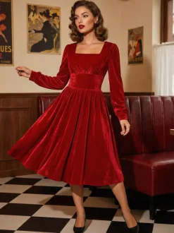 Vintage Glamour Dress 1950s Black Long Sleeves Square Neck Rockabilly Dress