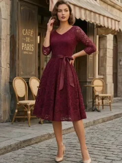 Vintage Lace Swing Dress for Women - 1950s V Neck 3/4 Sleeve Belted A-Line Midi Dress - Spring Wedding Guest 2026