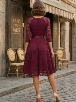 Vintage Lace Swing Dress for Women - 1950s V Neck 3/4 Sleeve Belted A-Line Midi Dress - Spring Wedding Guest 2026