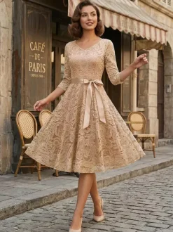 Vintage Lace Swing Dress for Women - 1950s V Neck 3/4 Sleeve Belted A-Line Midi Dress - Spring Wedding Guest 2026
