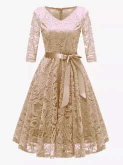 Vintage Lace Swing Dress for Women - 1950s V Neck 3/4 Sleeve Belted A-Line Midi Dress - Spring Wedding Guest 2026