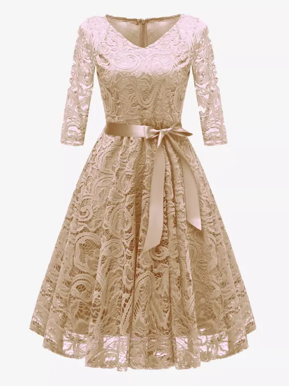 Vintage Lace Swing Dress for Women - 1950s V Neck 3/4 Sleeve Belted A-Line Midi Dress - Spring Wedding Guest 2026
