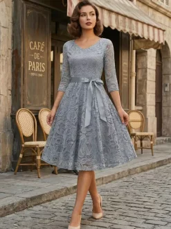 Vintage Lace Swing Dress for Women - 1950s V Neck 3/4 Sleeve Belted A-Line Midi Dress - Spring Wedding Guest 2026