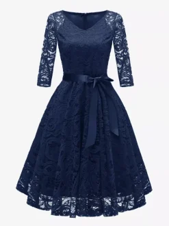 Vintage Lace Swing Dress for Women - 1950s V Neck 3/4 Sleeve Belted A-Line Midi Dress - Spring Wedding Guest 2026