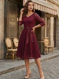Vintage Lace Swing Dress for Women - 1950s V Neck 3/4 Sleeve Belted A-Line Midi Dress - Spring Wedding Guest 2026