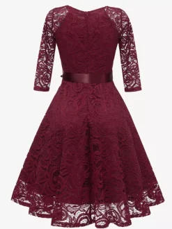 Vintage Lace Swing Dress for Women - 1950s V Neck 3/4 Sleeve Belted A-Line Midi Dress - Spring Wedding Guest 2026