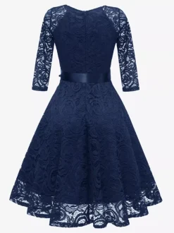 Vintage Lace Swing Dress for Women - 1950s V Neck 3/4 Sleeve Belted A-Line Midi Dress - Spring Wedding Guest 2026