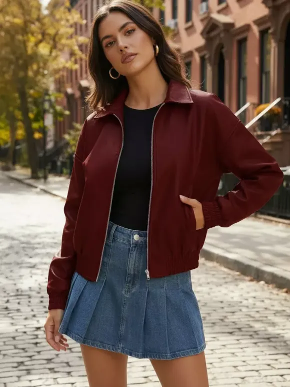 Vintage Oversized Faux Leather Bomber Jacket With Elastic Hem For Women 2026