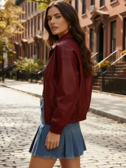 Vintage Oversized Faux Leather Bomber Jacket With Elastic Hem For Women 2026