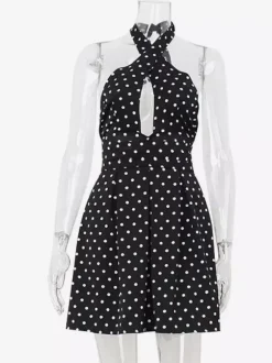 Vintage Polka Dot Halter Mini Dress For Women - Black Retro Criss Cross Keyhole Fit And Flare Sundress - Summer Girls Night Out 2026