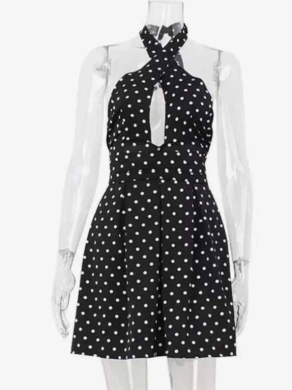 Vintage Polka Dot Halter Mini Dress For Women - Black Retro Criss Cross Keyhole Fit And Flare Sundress - Summer Girls Night Out 2026