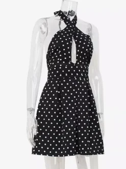 Vintage Polka Dot Halter Mini Dress For Women - Black Retro Criss Cross Keyhole Fit And Flare Sundress - Summer Girls Night Out 2026