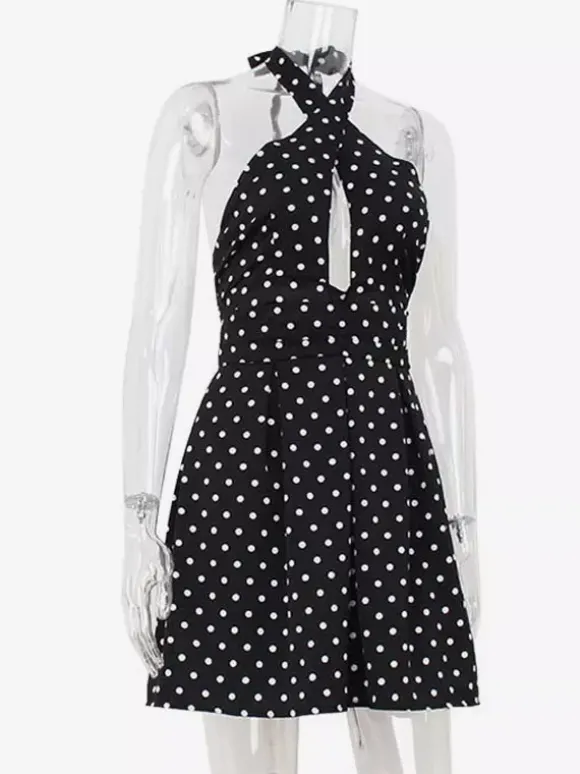 Vintage Polka Dot Halter Mini Dress For Women - Black Retro Criss Cross Keyhole Fit And Flare Sundress - Summer Girls Night Out 2026