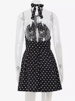 Vintage Polka Dot Halter Mini Dress For Women - Black Retro Criss Cross Keyhole Fit And Flare Sundress - Summer Girls Night Out 2026