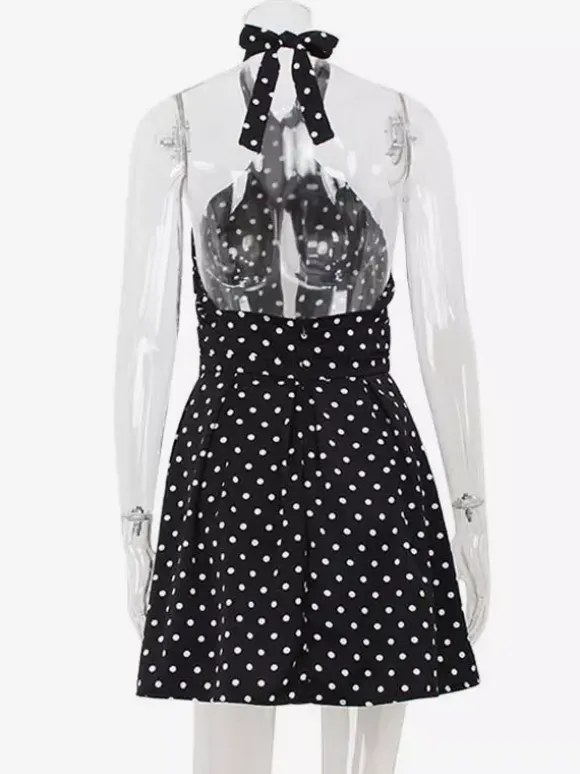 Vintage Polka Dot Halter Mini Dress For Women - Black Retro Criss Cross Keyhole Fit And Flare Sundress - Summer Girls Night Out 2026