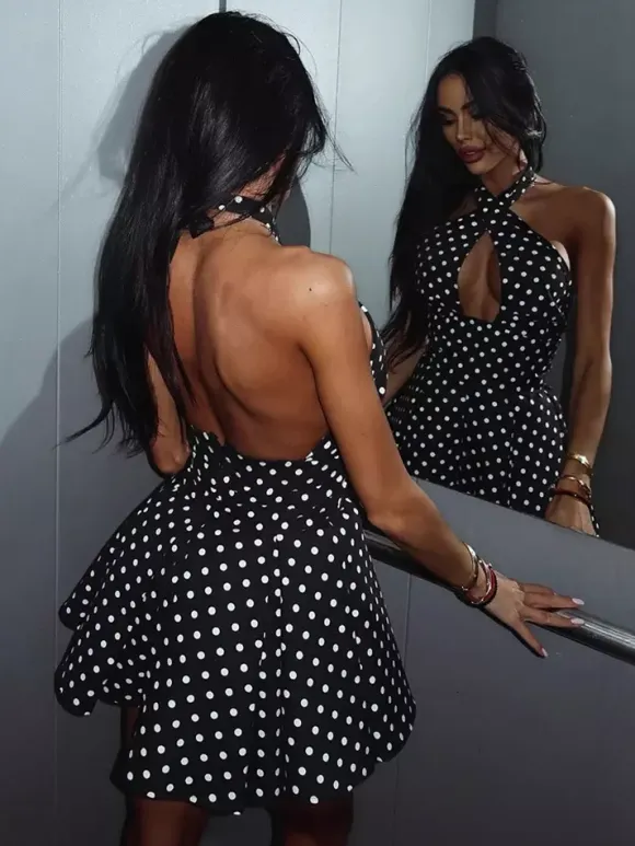 Vintage Polka Dot Halter Mini Dress For Women - Black Retro Criss Cross Keyhole Fit And Flare Sundress - Summer Girls Night Out 2026