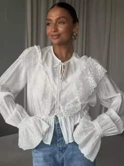 Vintage Ruffle Collar Blouse Elastic Waist Flared Cuff Long Sleeve Shirts