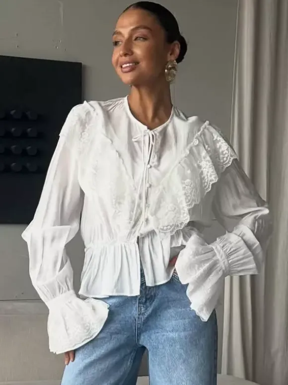 Vintage Ruffle Collar Blouse Elastic Waist Flared Cuff Long Sleeve Shirts
