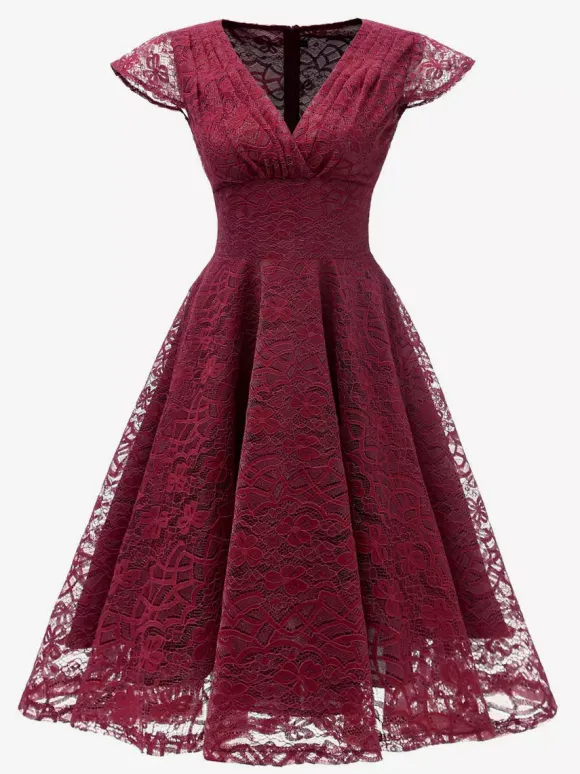 Vintage 1950s Midi Lace Dress for Women - V Neck Cap Sleeve A-line Cocktail Prom Gown - Wedding Guest Wear 2026