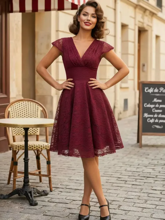 Vintage 1950s Midi Lace Dress for Women - V Neck Cap Sleeve A-line Cocktail Prom Gown - Wedding Guest Wear 2026
