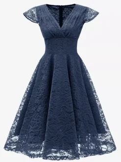 Vintage 1950s Midi Lace Dress for Women - V Neck Cap Sleeve A-line Cocktail Prom Gown - Wedding Guest Wear 2026