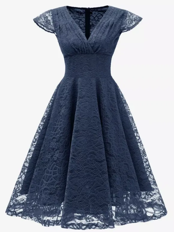 Vintage 1950s Midi Lace Dress for Women - V Neck Cap Sleeve A-line Cocktail Prom Gown - Wedding Guest Wear 2026