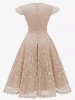 Vintage 1950s Midi Lace Dress for Women - V Neck Cap Sleeve A-line Cocktail Prom Gown - Wedding Guest Wear 2026