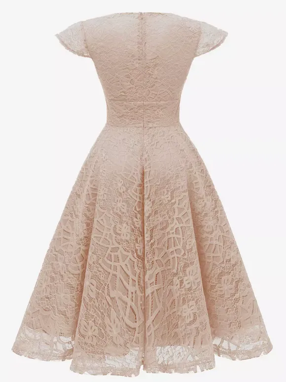Vintage 1950s Midi Lace Dress for Women - V Neck Cap Sleeve A-line Cocktail Prom Gown - Wedding Guest Wear 2026