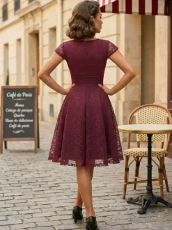 Vintage 1950s Midi Lace Dress for Women - V Neck Cap Sleeve A-line Cocktail Prom Gown - Wedding Guest Wear 2026