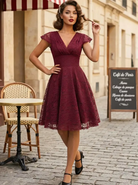 Vintage 1950s Midi Lace Dress for Women - V Neck Cap Sleeve A-line Cocktail Prom Gown - Wedding Guest Wear 2026