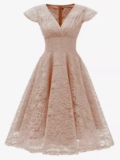 Vintage 1950s Midi Lace Dress for Women - V Neck Cap Sleeve A-line Cocktail Prom Gown - Wedding Guest Wear 2026