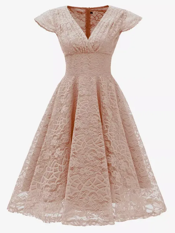 Vintage 1950s Midi Lace Dress for Women - V Neck Cap Sleeve A-line Cocktail Prom Gown - Wedding Guest Wear 2026