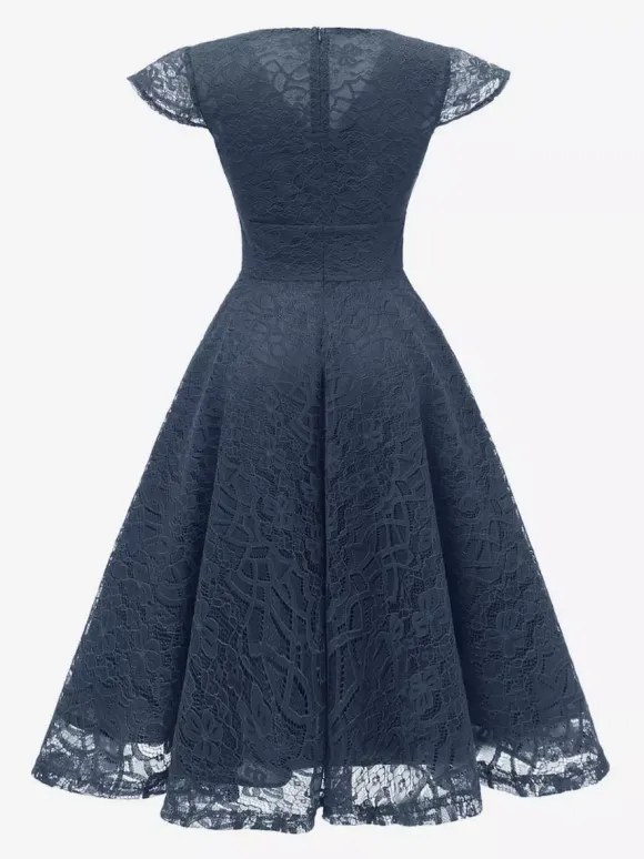 Vintage 1950s Midi Lace Dress for Women - V Neck Cap Sleeve A-line Cocktail Prom Gown - Wedding Guest Wear 2026