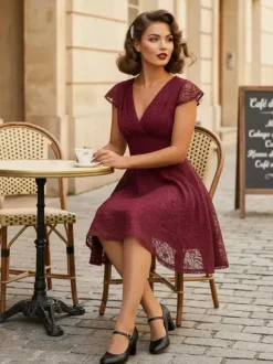 Vintage 1950s Midi Lace Dress for Women - V Neck Cap Sleeve A-line Cocktail Prom Gown - Wedding Guest Wear 2026