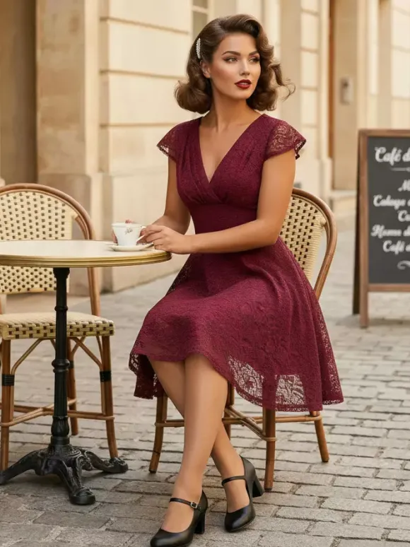 Vintage 1950s Midi Lace Dress for Women - V Neck Cap Sleeve A-line Cocktail Prom Gown - Wedding Guest Wear 2026