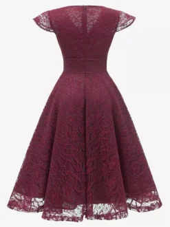 Vintage 1950s Midi Lace Dress for Women - V Neck Cap Sleeve A-line Cocktail Prom Gown - Wedding Guest Wear 2026