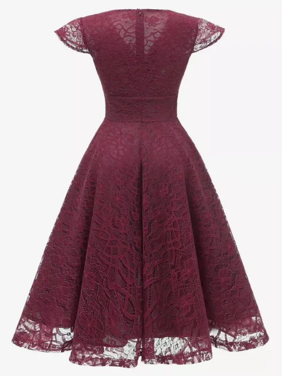 Vintage 1950s Midi Lace Dress for Women - V Neck Cap Sleeve A-line Cocktail Prom Gown - Wedding Guest Wear 2026