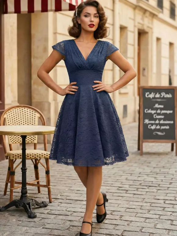 Vintage 1950s Midi Lace Dress for Women - V Neck Cap Sleeve A-line Cocktail Prom Gown - Wedding Guest Wear 2026