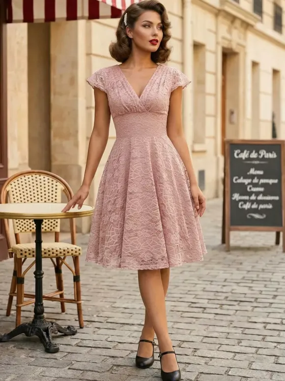 Vintage 1950s Midi Lace Dress for Women - V Neck Cap Sleeve A-line Cocktail Prom Gown - Wedding Guest Wear 2026