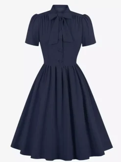 Vintage 1950s Midi Swing Tea Dress for Women - Bow Neck Short Sleeve Fit and Flare Rockabilly Gown - Garden Party 2026