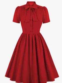 Vintage 1950s Midi Swing Tea Dress for Women - Bow Neck Short Sleeve Fit and Flare Rockabilly Gown - Garden Party 2026