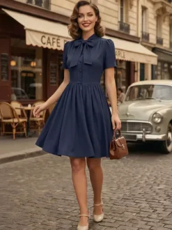 Vintage 1950s Midi Swing Tea Dress for Women - Bow Neck Short Sleeve Fit and Flare Rockabilly Gown - Garden Party 2026