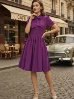 Vintage 1950s Midi Swing Tea Dress for Women - Bow Neck Short Sleeve Fit and Flare Rockabilly Gown - Garden Party 2026