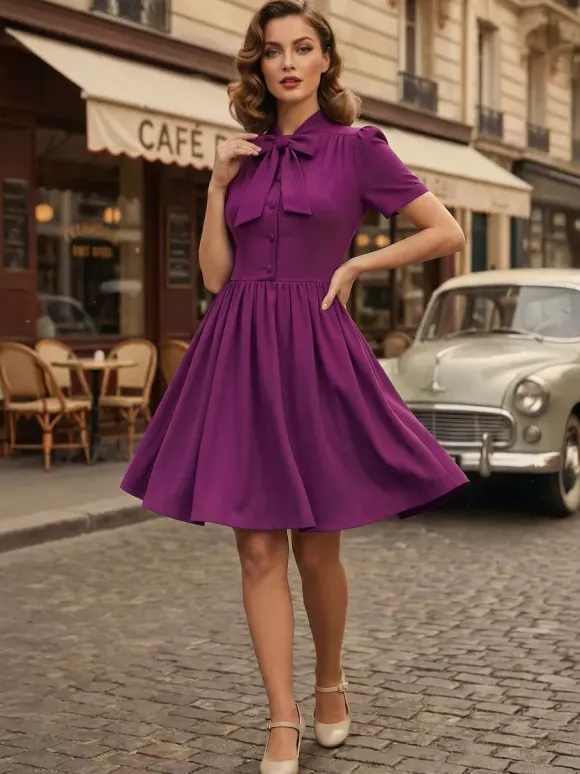 Vintage 1950s Midi Swing Tea Dress for Women - Bow Neck Short Sleeve Fit and Flare Rockabilly Gown - Garden Party 2026