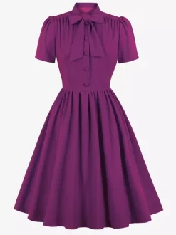 Vintage 1950s Midi Swing Tea Dress for Women - Bow Neck Short Sleeve Fit and Flare Rockabilly Gown - Garden Party 2026