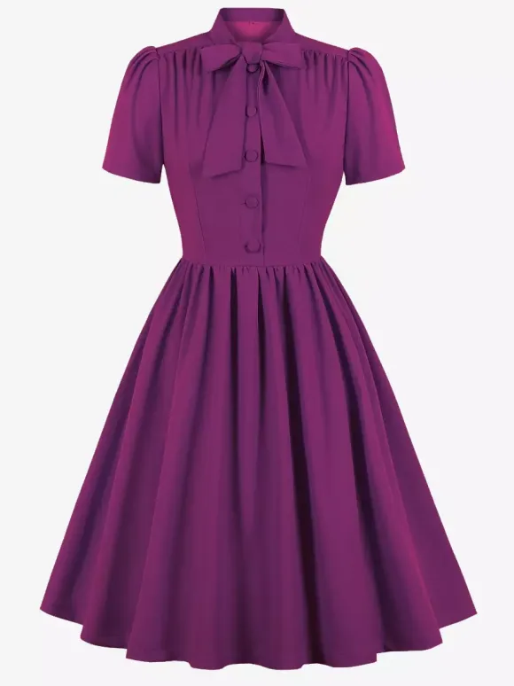 Vintage 1950s Midi Swing Tea Dress for Women - Bow Neck Short Sleeve Fit and Flare Rockabilly Gown - Garden Party 2026
