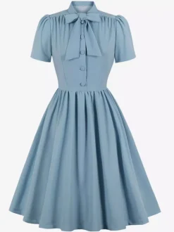 Vintage 1950s Midi Swing Tea Dress for Women - Bow Neck Short Sleeve Fit and Flare Rockabilly Gown - Garden Party 2026