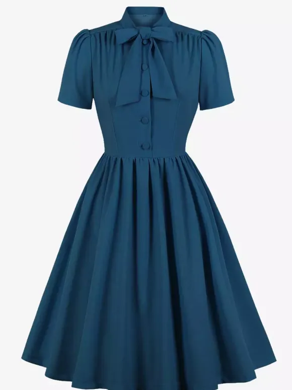 Vintage 1950s Midi Swing Tea Dress for Women - Bow Neck Short Sleeve Fit and Flare Rockabilly Gown - Garden Party 2026